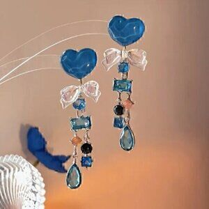 Blue Heart Transparent Bow Irregular Rhinestone Decor Dangle Earrings